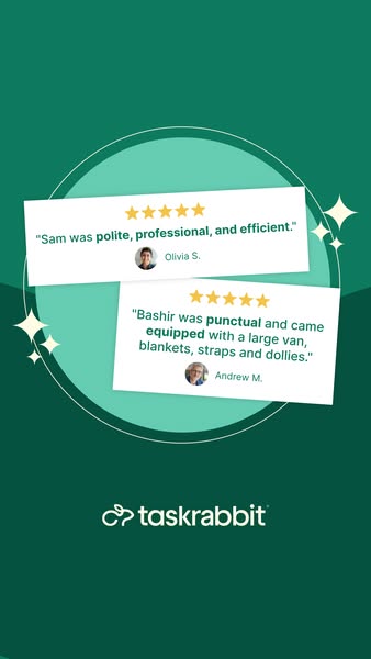 The ad promotes the TaskRabbit platform by showing positive reviews from two users. The testimonials highlight the polit