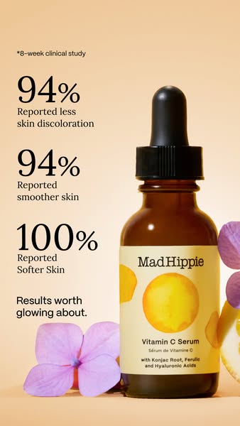 This ad showcases the Mad Hippie Vitamin C Serum and its benefits, supported by clinical study results. The ad emphasize