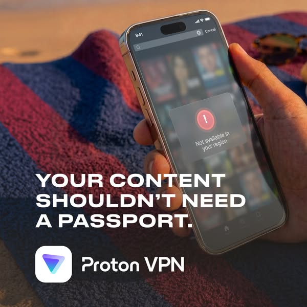 The ad highlights the ability of Proton VPN to bypass regional content restrictions, enabling users to access their desi