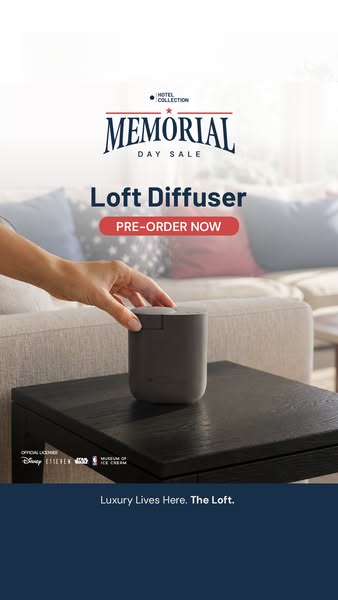This image ad for Hotel Collection promotes a Memorial Day sale for their Loft Diffuser. The ad shows the product in a l
