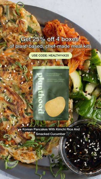 Ad for Planthood plant-based meal kits. It presents a prepared Korean pancake dish and advertises a 25% off offer for fo