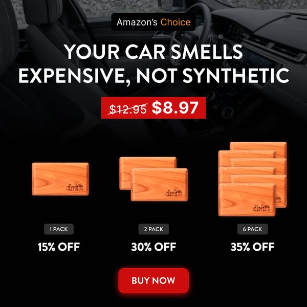 This image ad promotes Drift car air fresheners, emphasizing a premium scent experience at a discounted price. It utiliz