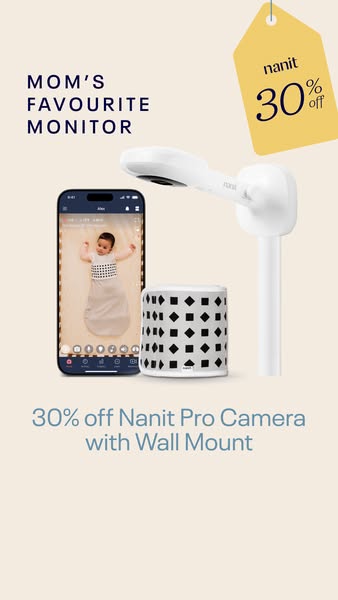 The ad showcases the Nanit Pro Camera with Wall Mount and highlights a limited-time offer of 30% off to potential custom