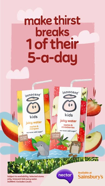 The ad promotes Innocent Kids Juicy Water as a healthy and convenient drink option for children, highlighting its natura