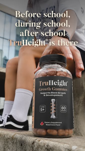 The ad is for TruHeight Growth Gummies, which supports bone growth and development for ages 5+. The ad shows a girl sitt