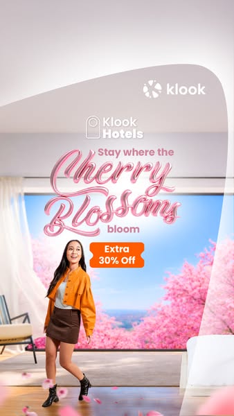 This Klook ad promotes hotel stays in destinations where cherry blossoms are blooming. The ad features a woman standing 
