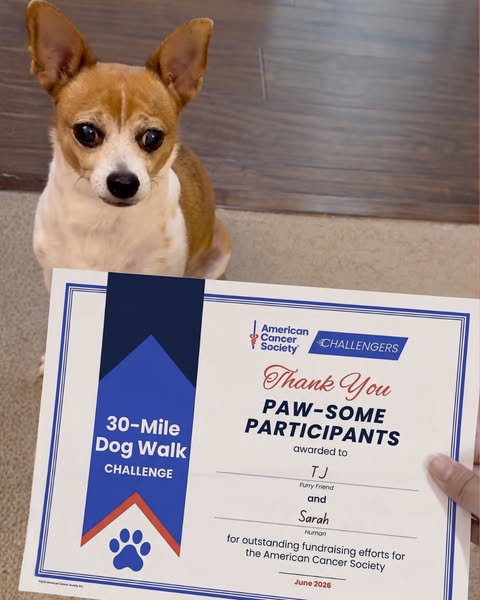 The ad presents a dog named TJ who, along with his owner Sarah, won an award from the American Cancer Society for partic