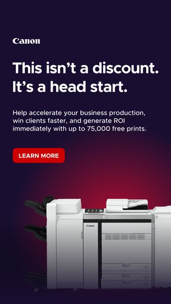 This ad for Canon promotes the value of their printers by offering up to 75,000 free prints, positioning it as a head st