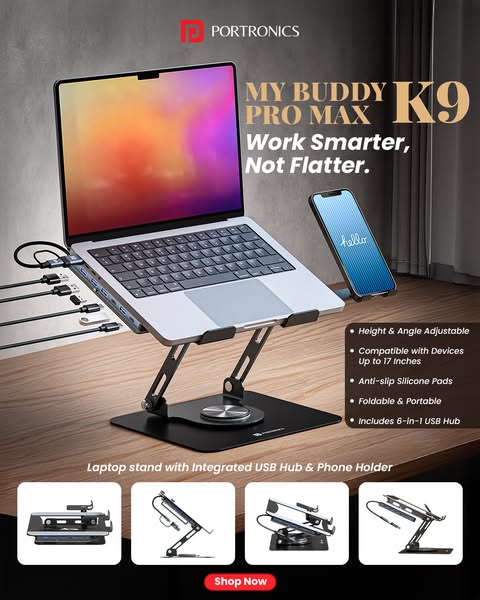 This ad showcases the Portronics My Buddy Pro Max K9 laptop stand with integrated USB hub and phone holder. The ad highl
