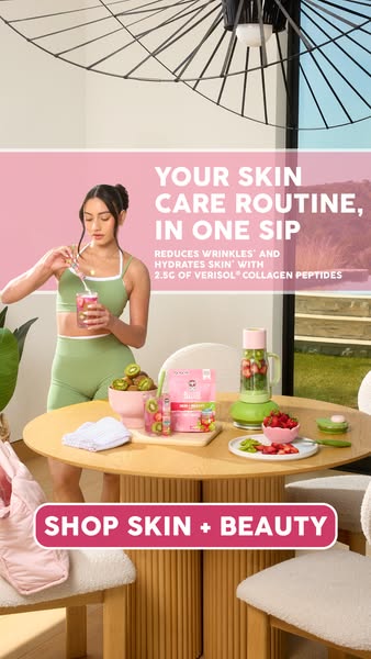 An advertisement for a collagen supplement, presenting it as an easy, single-sip addition to a daily skincare routine. T