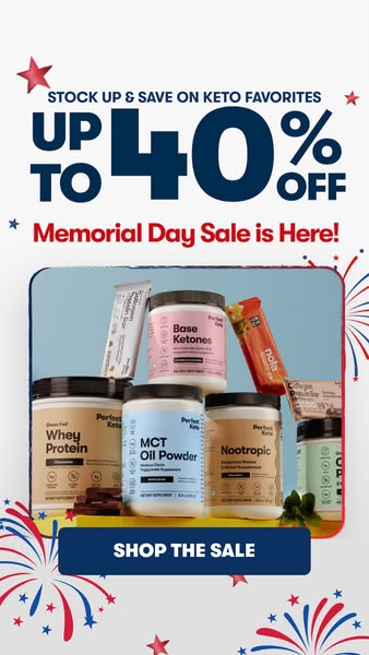 This ad promotes a Memorial Day sale with up to 40% off on various keto-friendly products from Perfect Keto. The ad feat