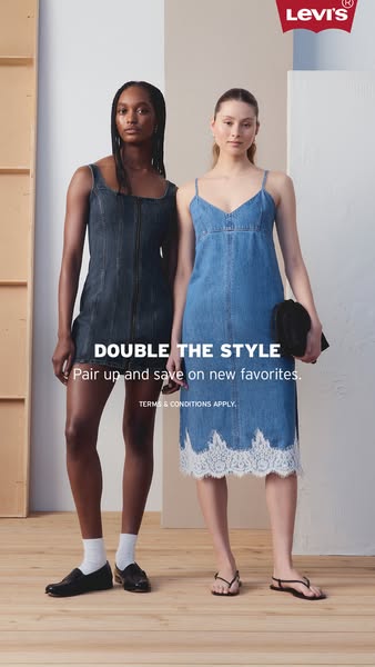 This ad for Levi's features two women modeling different denim dresses. Text overlay provides an offer to pair up an