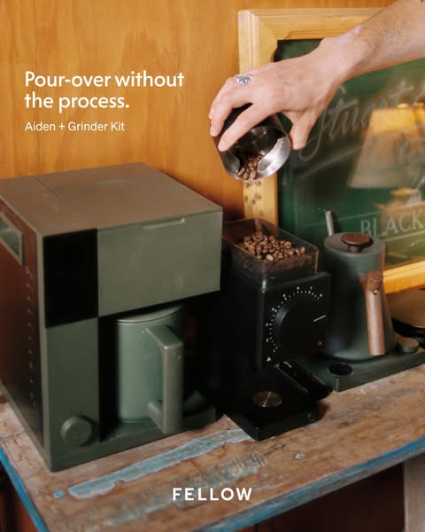 This image ad showcases Fellow's Aiden and Grinder Kit, highlighting the convenience of achieving pour-over coffee w