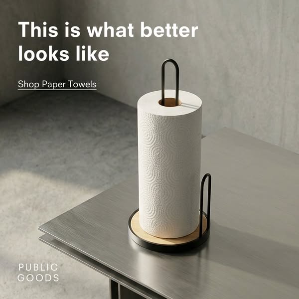This ad for Public Goods features a roll of paper towels on a stand. The ad intends to convey that better is possible in