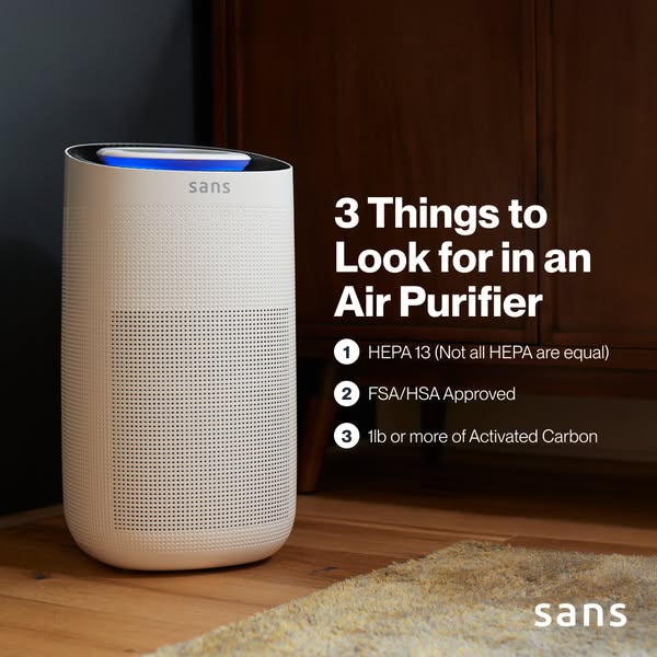 This ad highlights three key features to look for in an air purifier, emphasizing HEPA 13 filters, FSA/HSA approval, and
