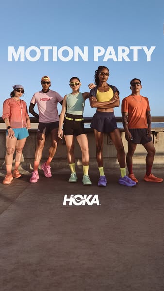 This Hoka ad features a diverse group of runners standing together in athletic apparel and Hoka running shoes, with the
