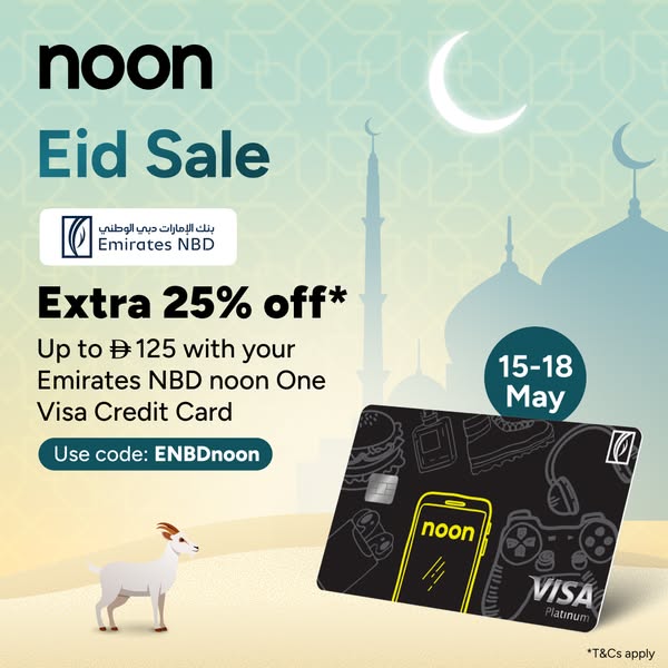 The ad promotes Emirates NBD noon One Visa Credit Card offering an extra 25% off with a maximum discount up to AED 125 f