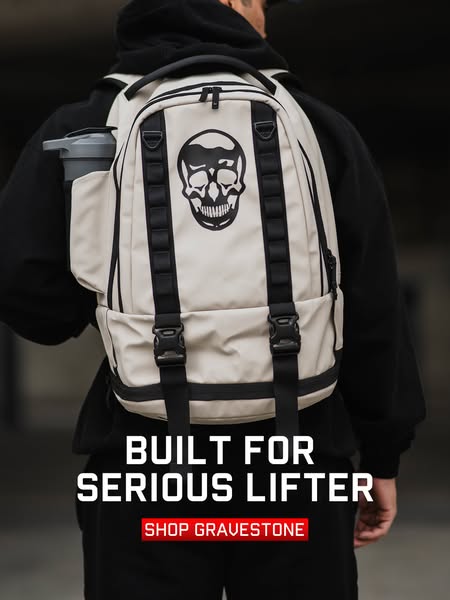 This ad features a person wearing a Gravestone brand backpack. The ad attempts to appeal to serious weightlifters.