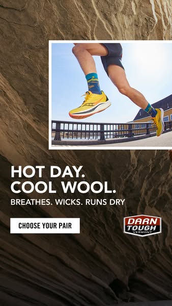 This image ad for Darn Tough socks features a runner wearing the socks, emphasizing their breathability and moisture-wic
