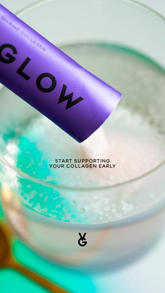 The ad shows a person pouring a packet of Youtopia Glow marine collagen powder into a glass of water.