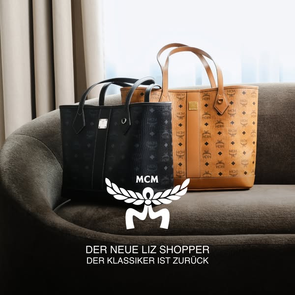 This ad features two MCM Liz Shopper tote bags in different patterns, emphasizing the return of a classic design.