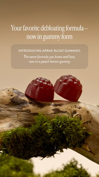 This image ad introduces Arrae Bloat Gummies, a new gummy form of the brand's debloating formula. The ad features a 