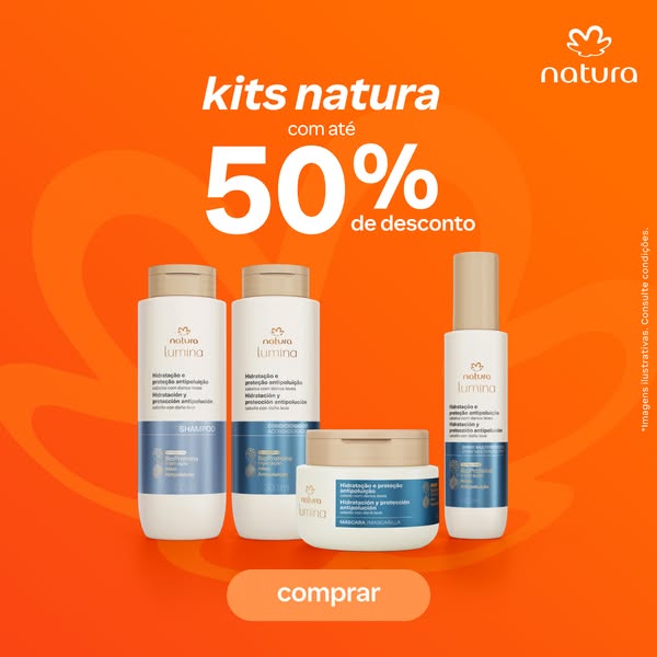This image ad promotes Natura hair care kits, offering up to 50% off. It features product visuals and a clear call to ac