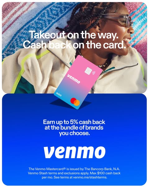 This Venmo ad features a lifestyle image of a woman with a Venmo debit card, followed by a blue panel promoting the cash