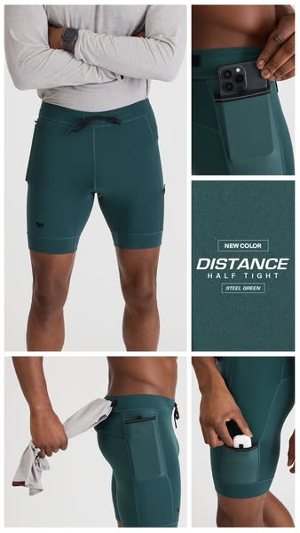 This ad showcases the brand Vuori and their Distance Half Tight in steel green. The ad calls out the colorway and shows 