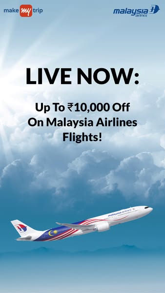 This ad promotes discounted Malaysia Airlines flights through Make My Trip, highlighting savings of up to ₹10,000. It is