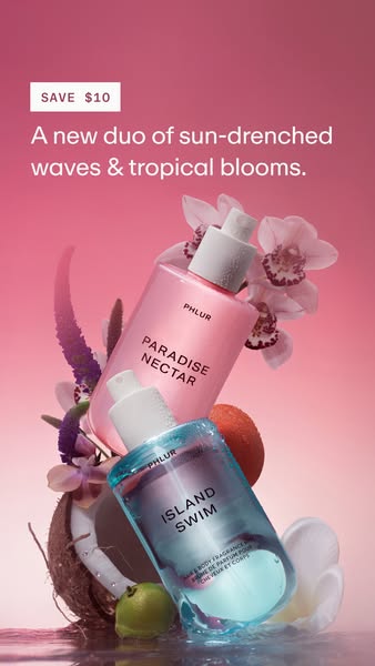 This image ad showcases two Phlur fragrances in a visually appealing setting. The ad highlights a discount and positions