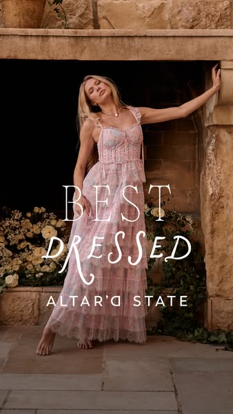 This image ad promotes the brand Altar'd State. The ad features a woman wearing a pink dress standing in front of a 