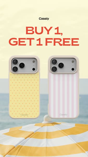 This image ad promotes a 'Buy One, Get One Free' offer from Casely on phone cases. Two phones, each with a diffe