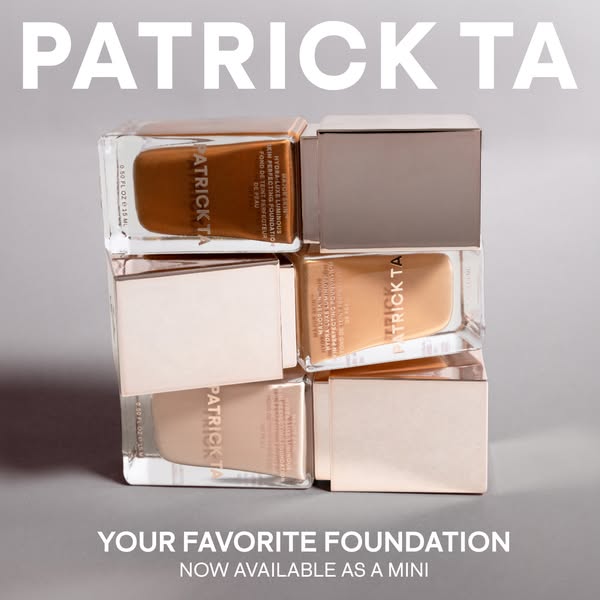 This ad promotes Patrick Ta's new mini-sized foundation. The image shows a stack of the foundation bottles to draw a