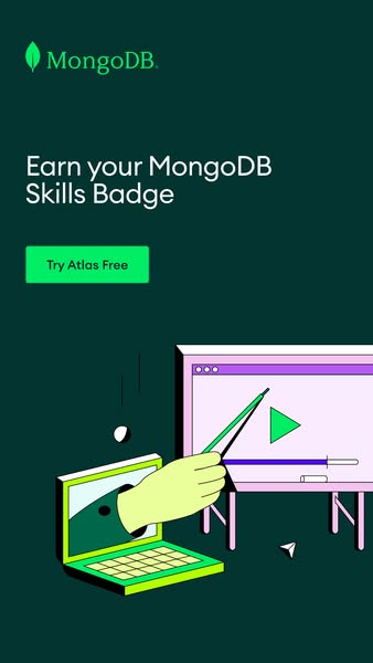 This ad promotes MongoDB skills badge. It features a laptop with a hand reaching out of the screen, pointing to a whiteb