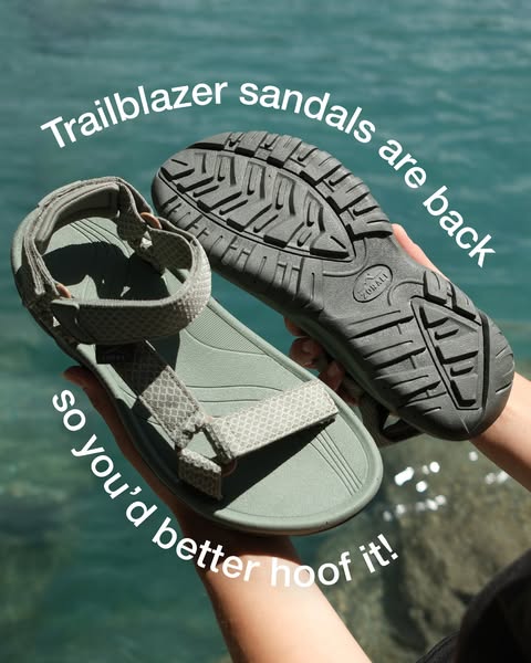 This image ad showcases the Trailblazer sandals against a natural backdrop, emphasizing their return and encouraging vie