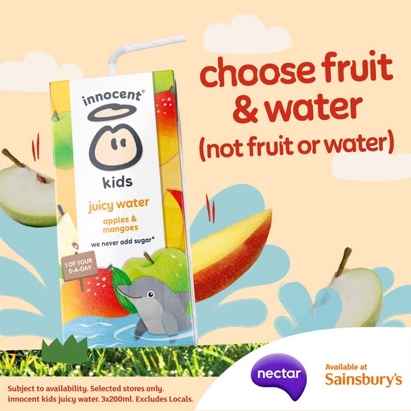 This image ad promotes Innocent Kids Juicy Water, emphasizing its fruit and water content without added sugar. The ad fe