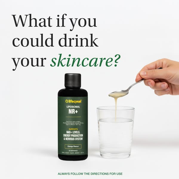 This ad features a bottle of Lifecykel Liposomal NR+ and encourages viewers to consider drinking their skincare. The ad 