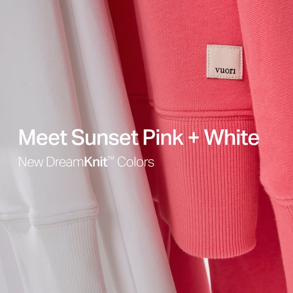This ad showcases a white and pink Vuori DreamKnit™ garment, most likely a sweatshirt. The ad is intended to make the vi