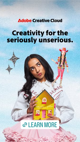 This ad for Adobe Creative Cloud features an image of a woman holding a book that looks like a house. The ad's headl
