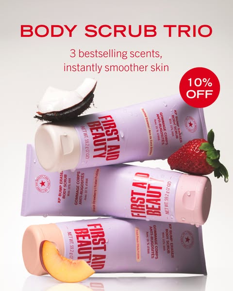 This ad showcases First Aid Beauty's Body Scrub Trio, emphasizing its bestselling scents and the promise of instantl