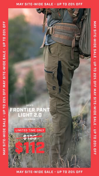 This is an image ad promoting men's Frontier Pant Light 2.0. The ad highlights a limited-time sale with a discounted