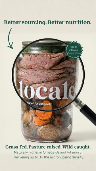 This ad features Locale, a brand focused on high-quality sourcing and nutrition. The image shows a jar filled with beef 