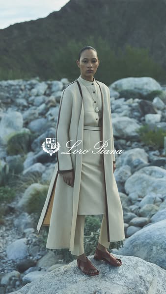 This ad showcases a neutral-toned outfit designed by Loro Piana. The image emphasizes the brand's identity with natu