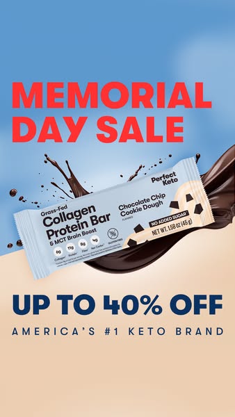 This image ad for Perfect Keto promotes a Memorial Day Sale with a discount of up to 40% off. The ad features a single P