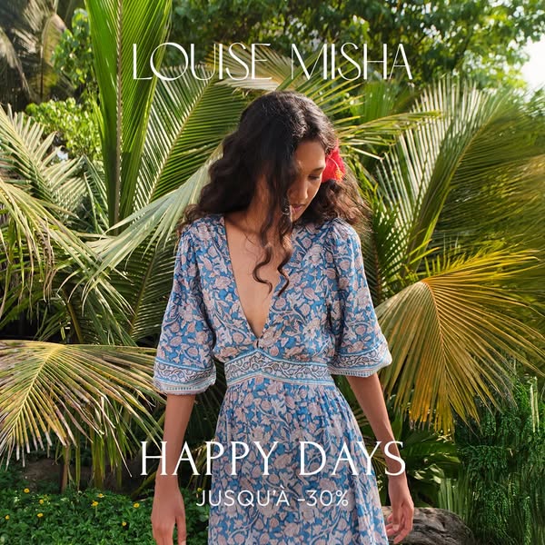 This ad by Louise Misha showcases a woman in a blue floral dress, set against a natural backdrop of palm trees. The ad h