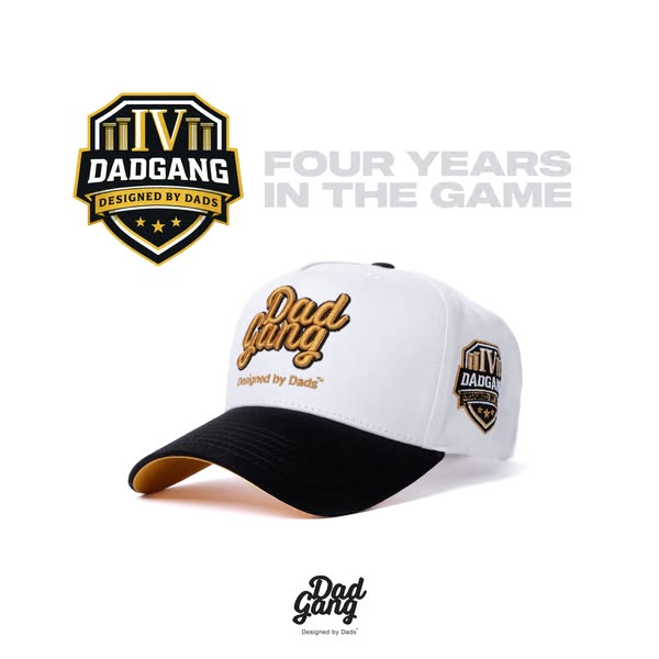 This ad showcases a Dad Gang baseball cap with a black brim and the brand's anniversary. 