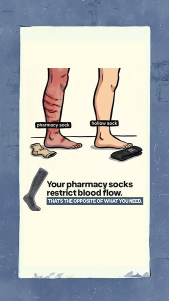 The ad shows a direct comparison between traditional 'pharmacy socks' and a featured alternative ('hollow so
