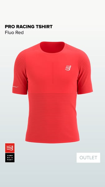This ad features a close up of the PRO RACING TSHIRT in Fluo Red from COMPRESSPORT. The ad highlights that it is part of