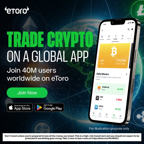This image ad for eToro promotes the app as a global way to trade crypto. It highlights the platform's large user ba